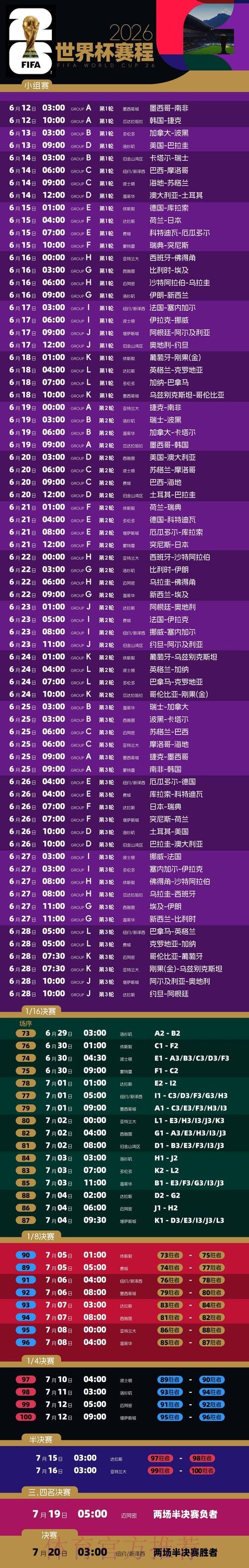 2026世界杯赛程完整版实时赛程免费观看